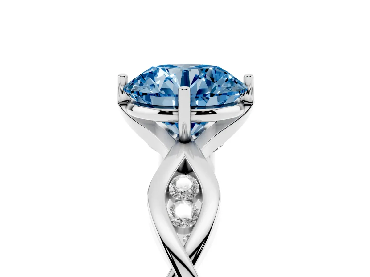 Fancy Blue Round Cut Solitaire Twist Band with Leaf Prong Setting Platinum