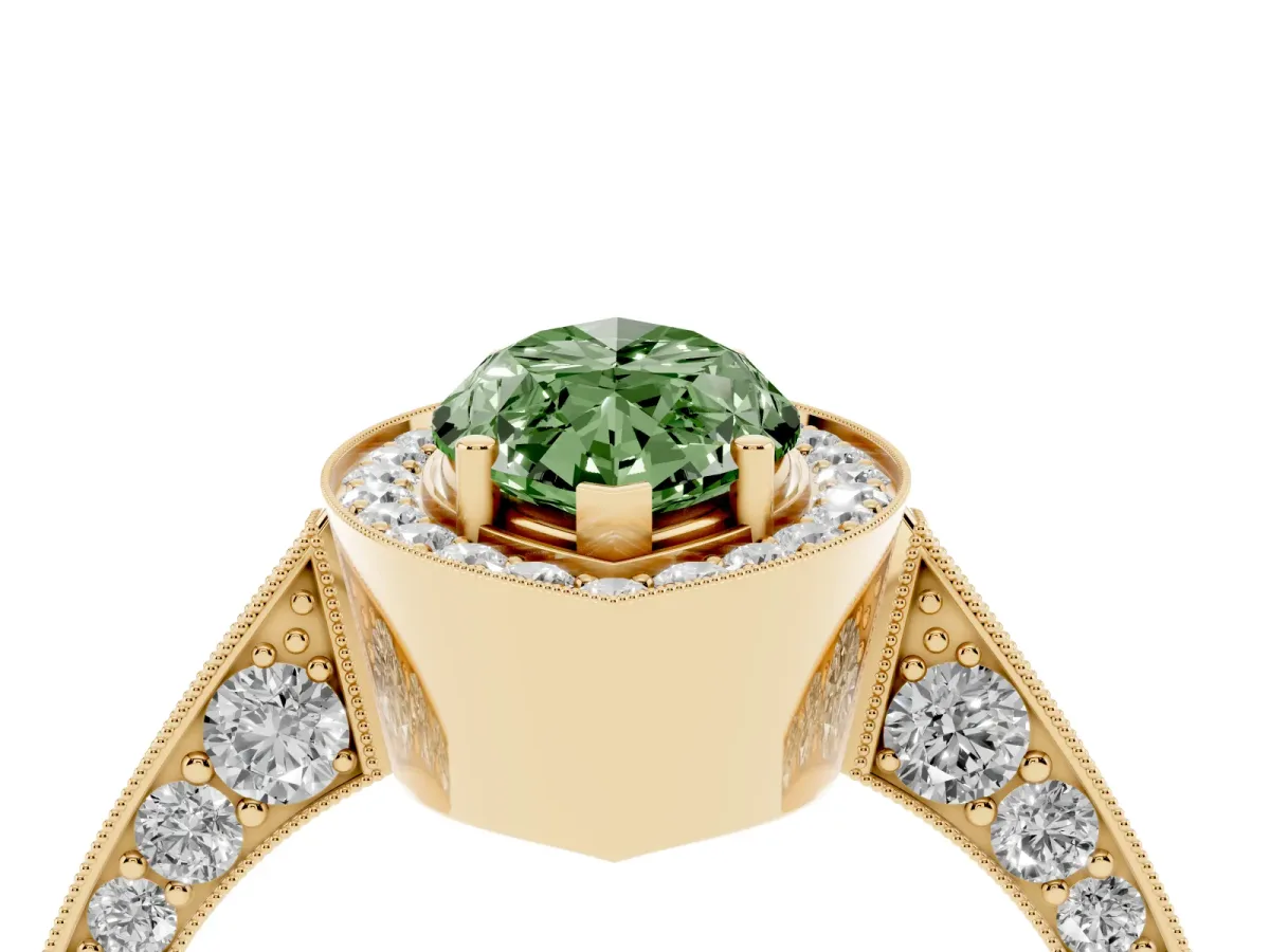 Fancy Green Marquise Cut Halo Diamond Engagement Ring with Split Shank Band and Four-Prong Setting Yellow gold