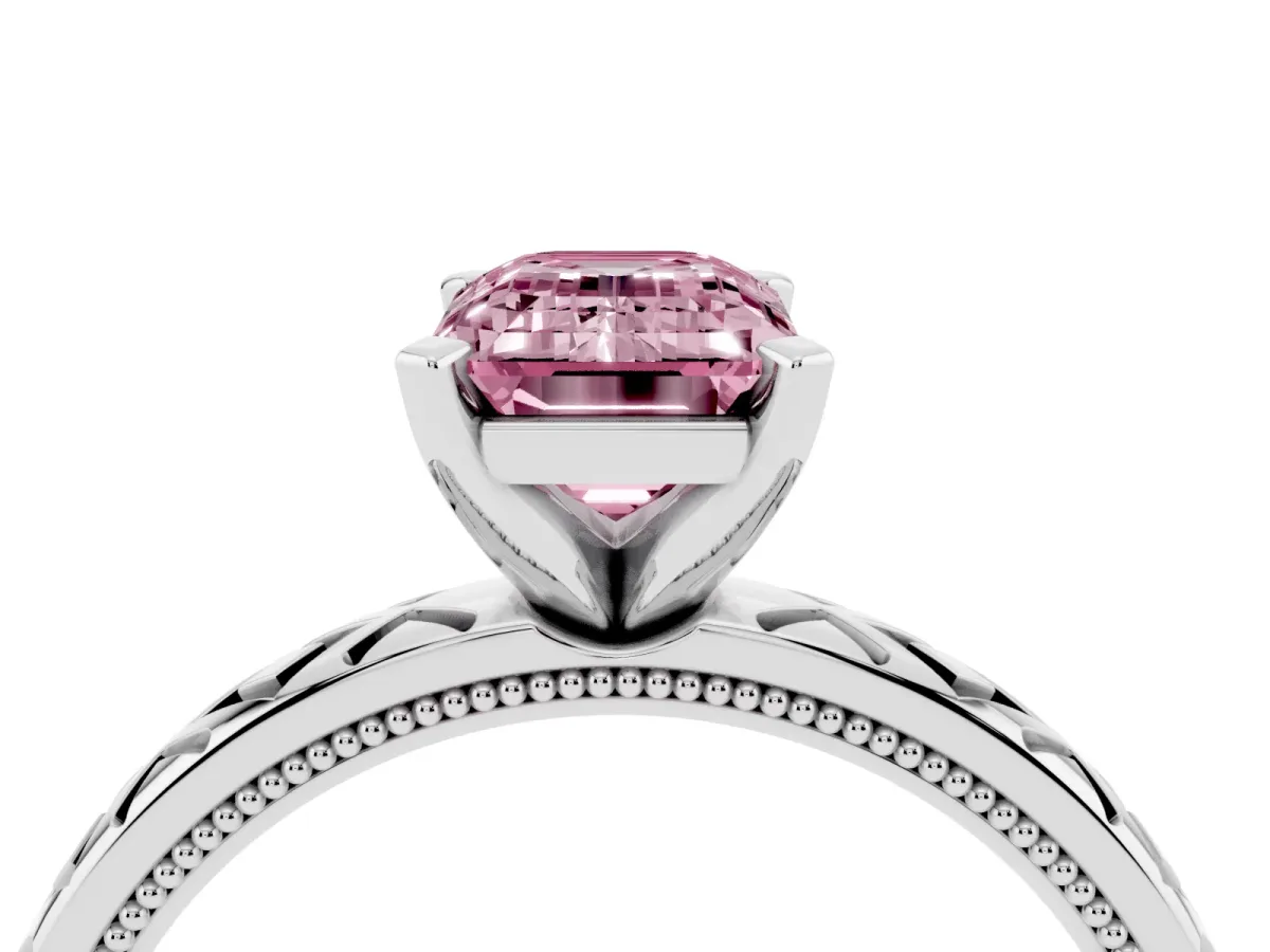 Fancy Pink Emerald Cut Solitaire Diamond Ring with Milgrain and Black Enamel X Pattern Band Platinum