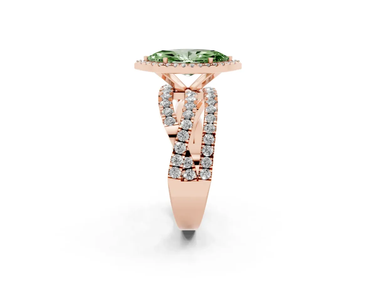 Fancy Green Marquise Cut Diamond Halo Ring with Round Split Shank and Prong Setting Rose gold