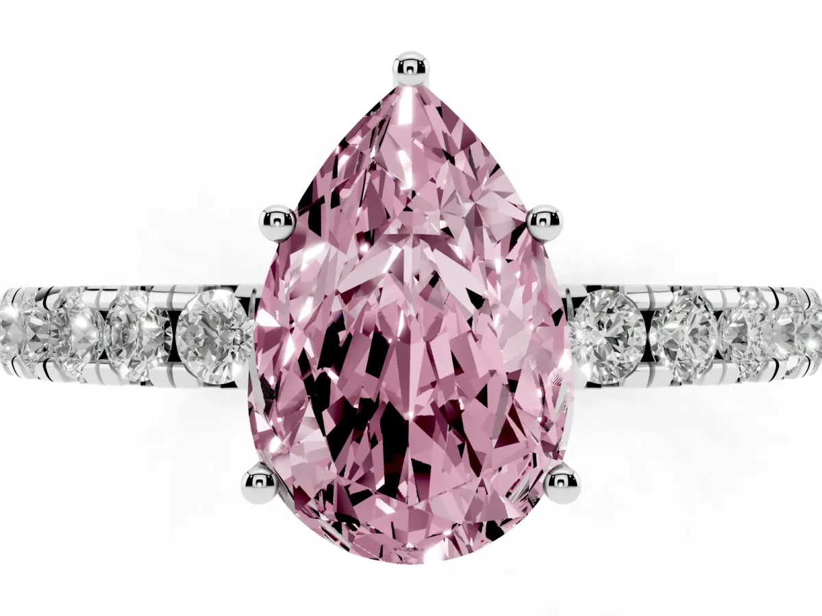Fancy Pink Pear Cut Diamond Pavé Solitaire Engagement Ring with Four-Prong Setting Platinum