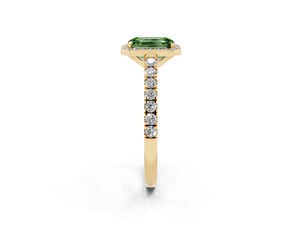 Fancy Green Emerald Cut Cut Halo Diamond Engagement Ring with Pave Band and Four-Prong Setting Yellow gold
