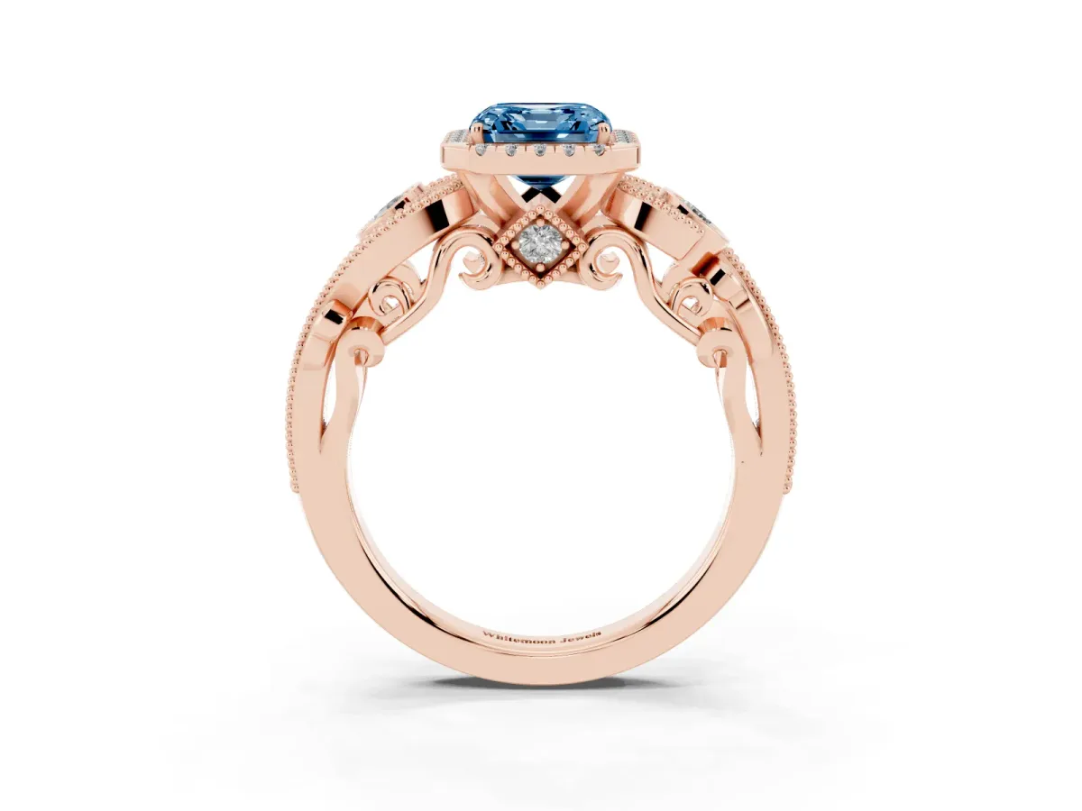 Fancy Blue Asscher Cut Diamond Halo Ring with Milgrain Pavé Band and Four-Prong Setting Rose gold