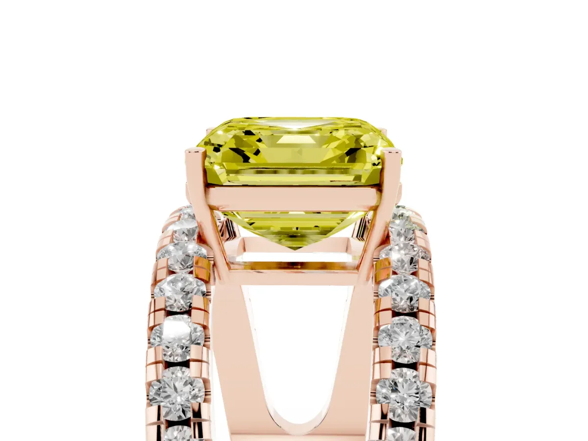 Fancy Yellow Asscher Cut Solitaire Split Shank Pave Diamond Ring Rose gold
