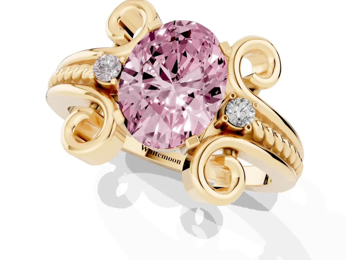 Fancy Pink Oval Cut Solitaire Twisted Band Scroll Prong Ring Yellow gold