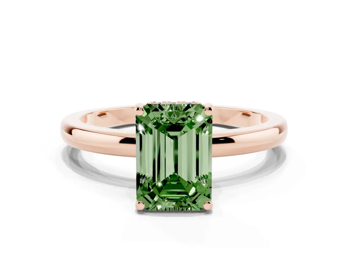 Fancy Green Emerald Cut Solitaire Diamond Ring with Prong Setting and Plain Band Rose gold
