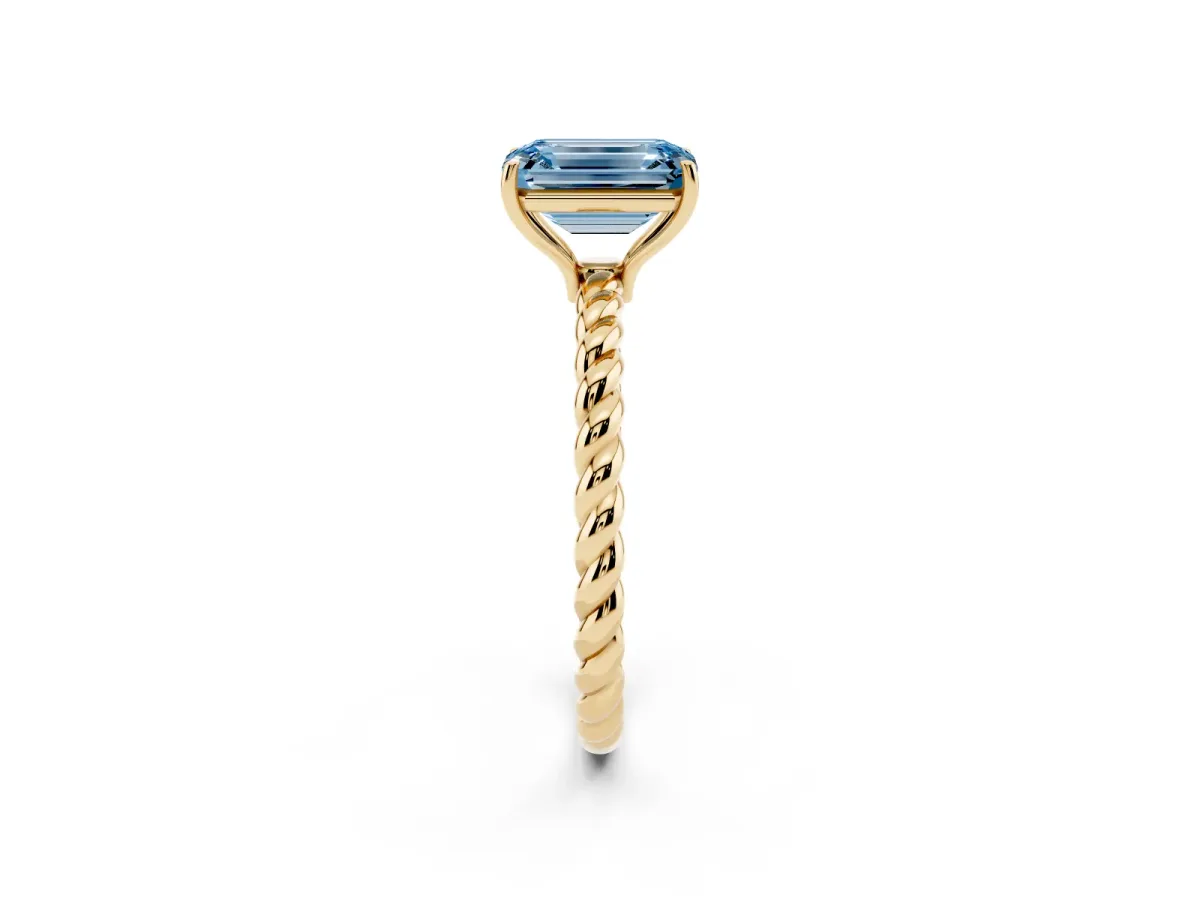 Fancy Blue Emerald Cut Solitaire Twisted Band 4-Prong Ring Yellow gold