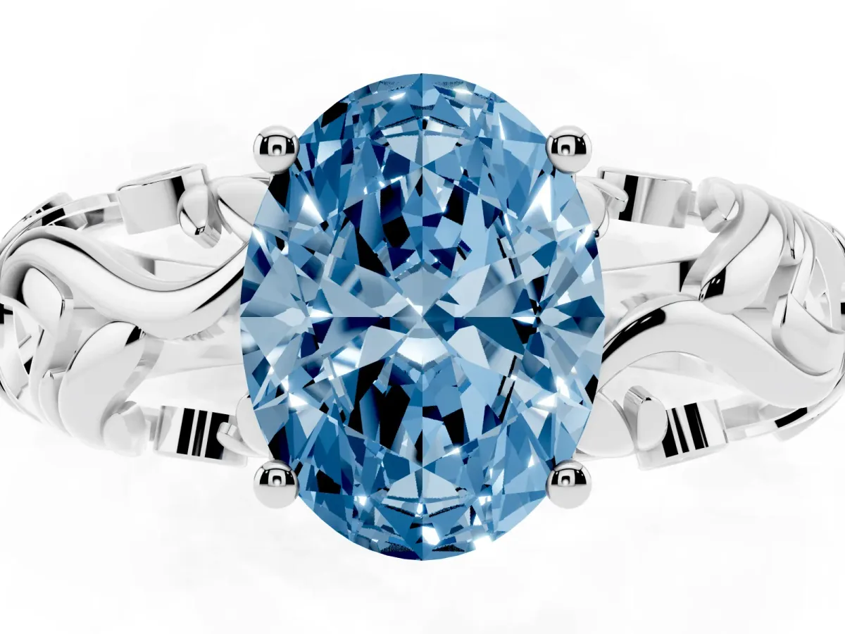 Fancy Blue Oval Cut Solitaire Diamond Leaf-Inspired Vine Band Ring with Prong Setting Platinum