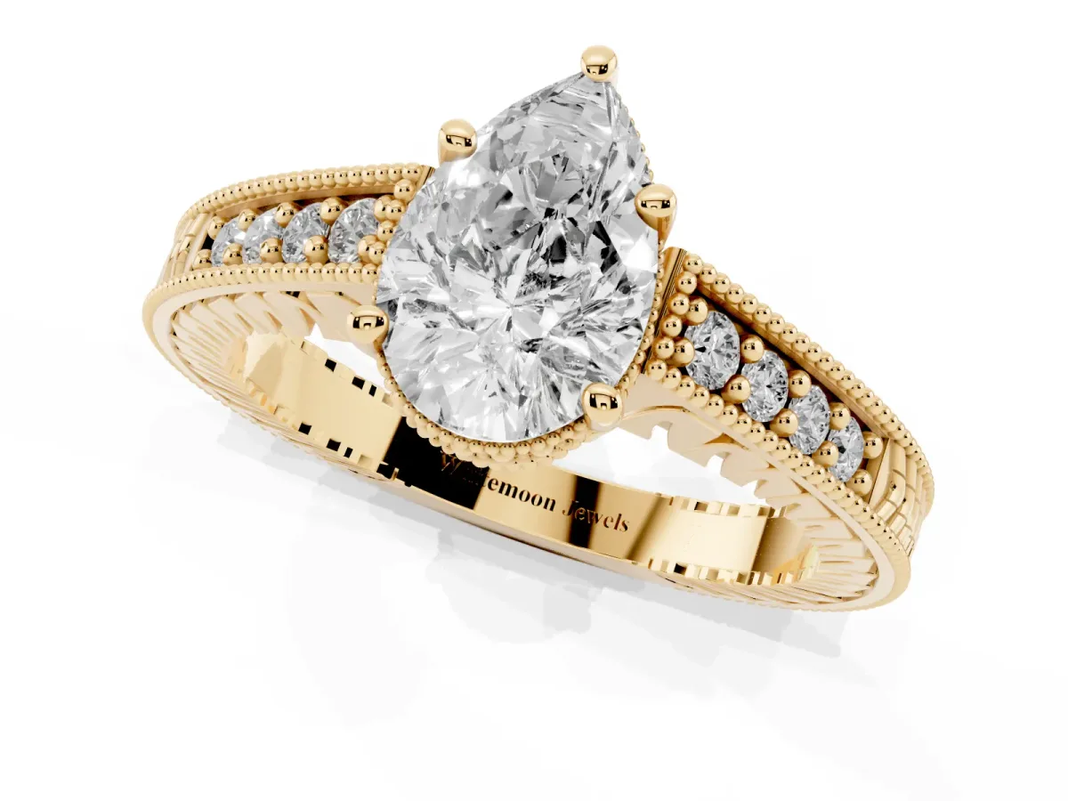 Pear Cut Solitaire Pavé Diamond Milgrain Engagement Ring with Four-Prong Setting Yellow gold