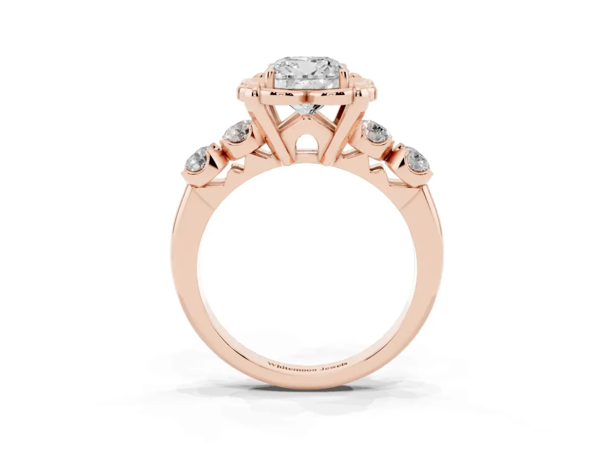 Cushion Cut Cut Diamond Floral Halo Engagement Ring with Shared Prong Setting Rose gold