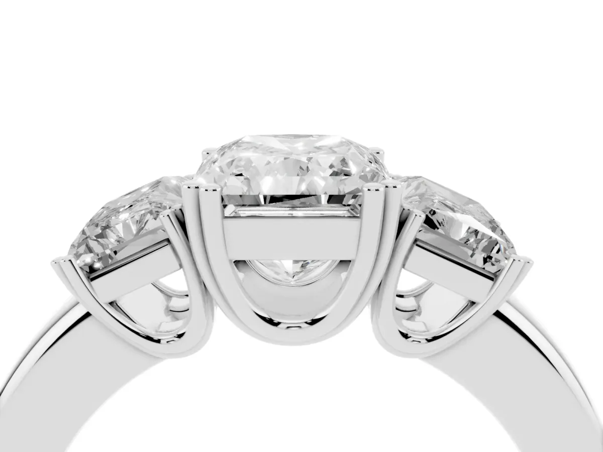 Three-Stone Radiant Cut Cut Diamond Ring with Channel Set Band and Four-Prong Setting Silver