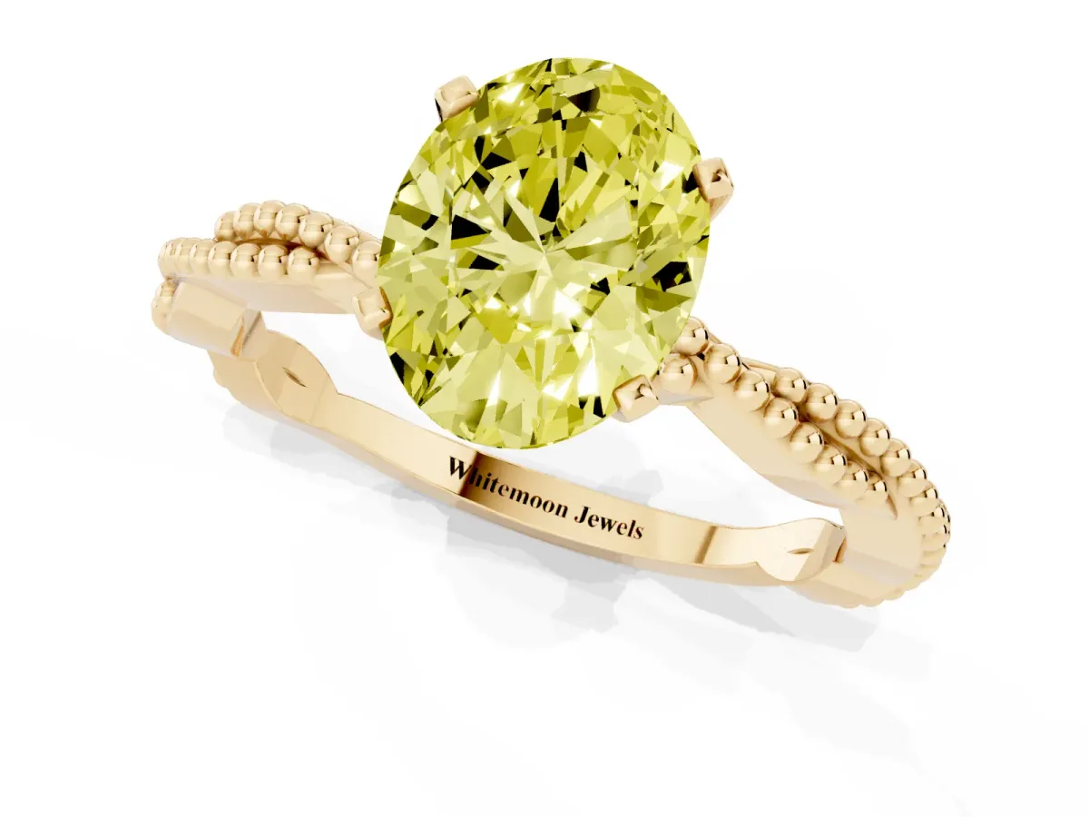 Fancy Yellow Oval Cut Solitaire Twisted Band with Bead Prong Setting Yellow gold