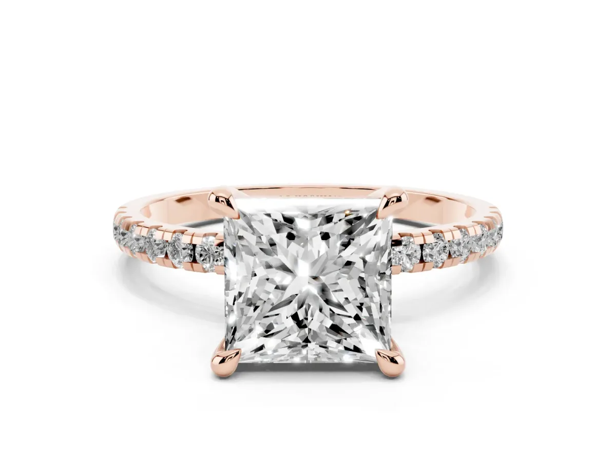 Princess Cut Diamond Brilliant Solitaire Ring with Pavé Band and Four-Prong Setting Rose gold