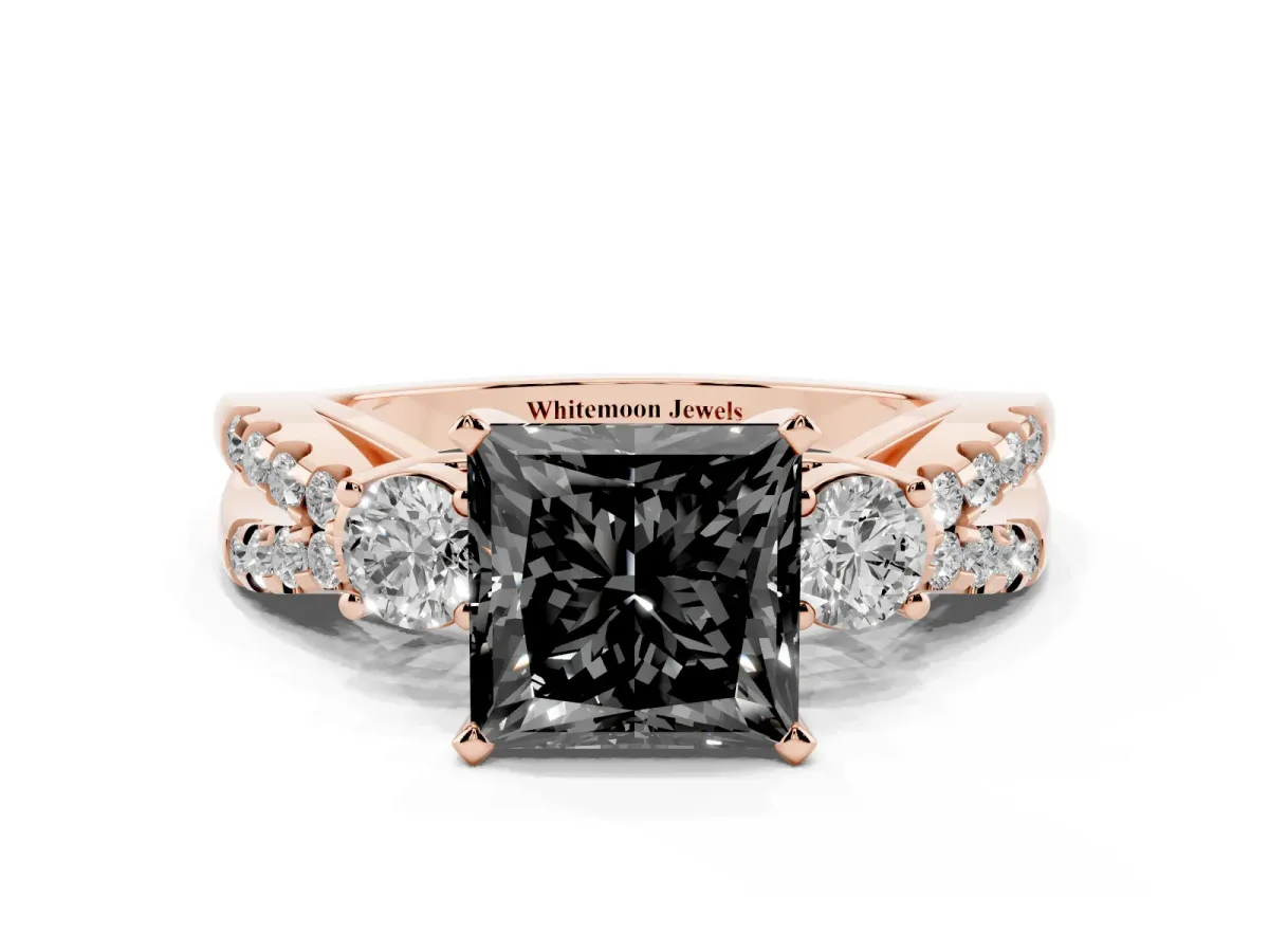 Fancy Black Princess Cut Diamond Three-Stone Ring with Pavé Split Shank and Four-Prong Setting Rose gold