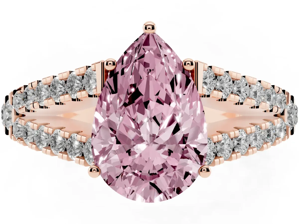 Fancy Pink Pear Cut Diamond Split Shank Pavé Engagement Ring with Four-Prong Setting Rose gold