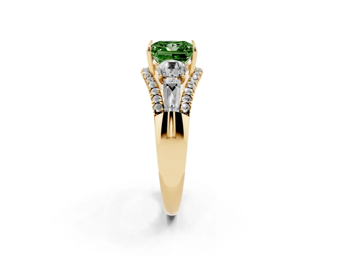 Fancy Green Three-Stone Princess Cut Diamond Engagement Ring with Pave Band and Prong Setting Yellow gold