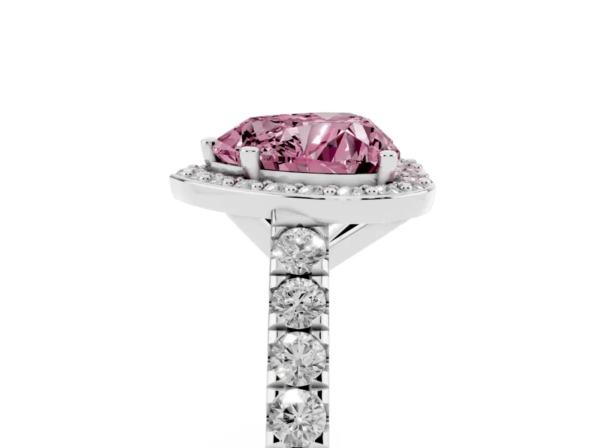 Fancy Pink Heart Cut Cut Halo Diamond Engagement Ring with Pave Band and Four-Prong Setting Silver