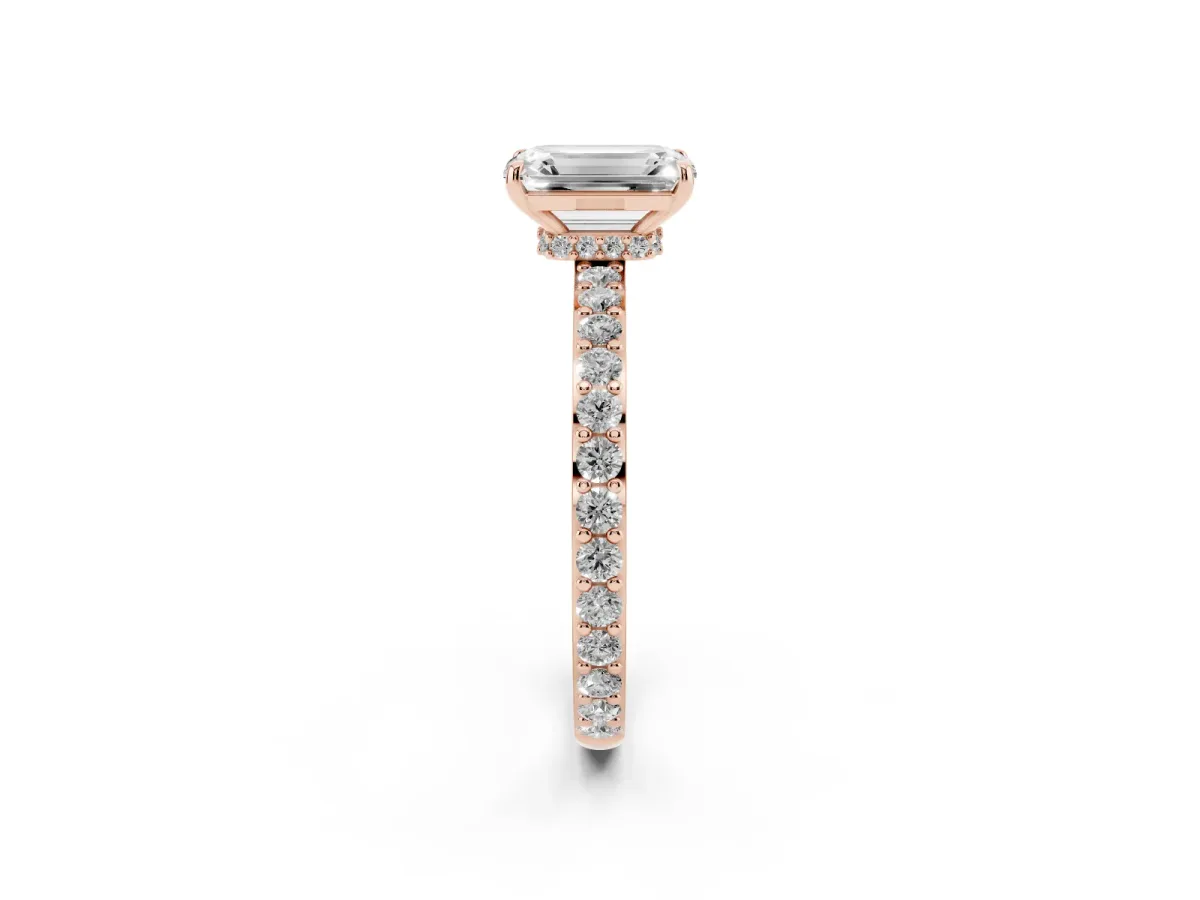 Emerald Cut Diamond Pavé Engagement Ring with Round Accents and Prong Setting Rose gold