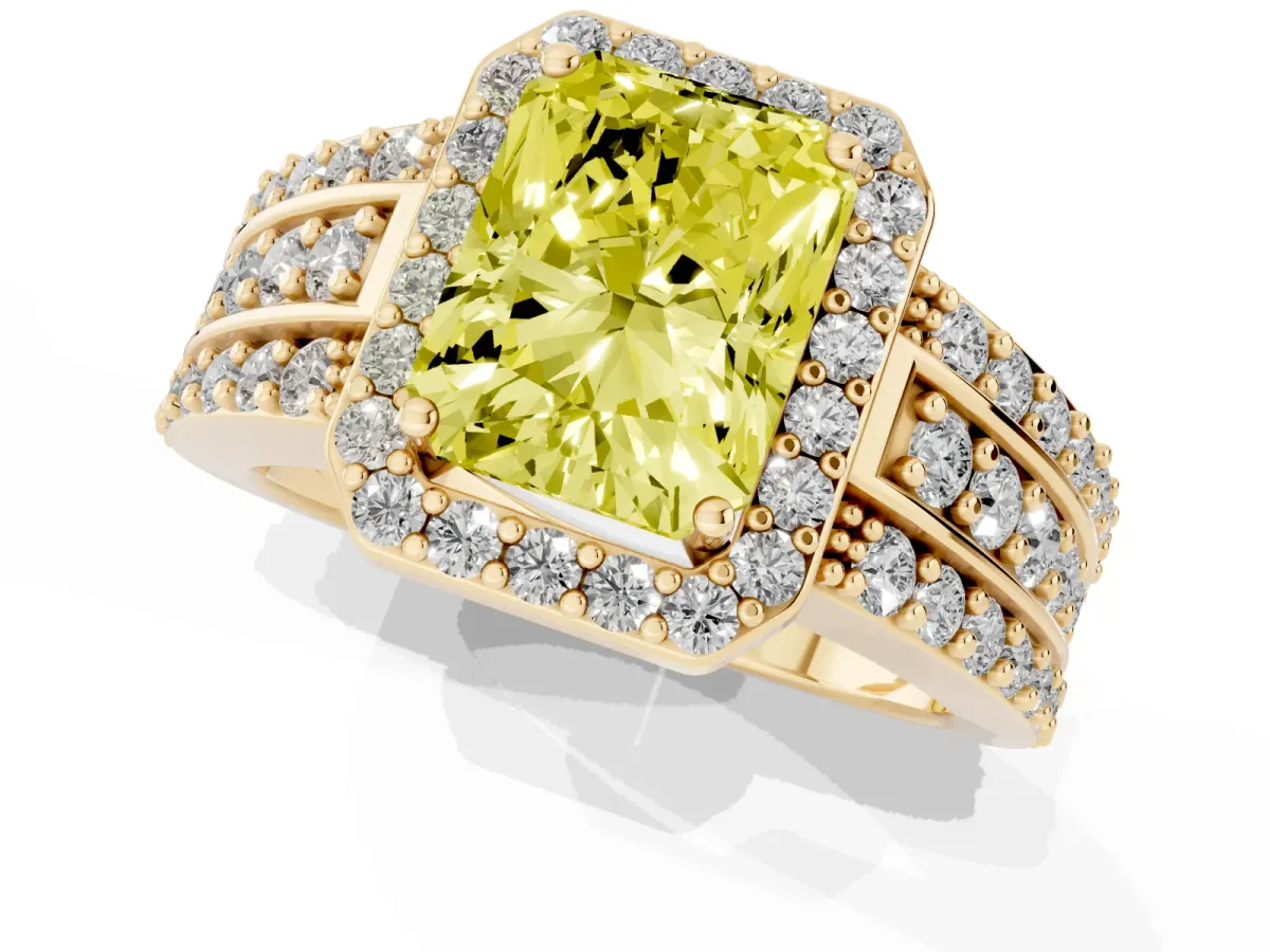 Fancy Yellow Radiant Cut Halo Diamond Ring with Round Split Shank and Prong Setting Yellow gold