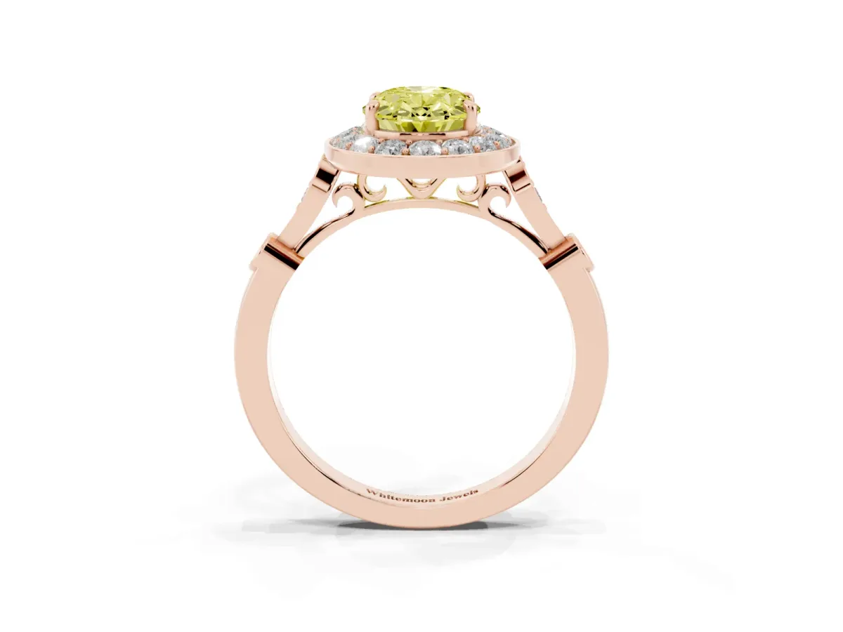 Fancy Yellow Oval Cut Halo Diamond Engagement Ring with Twisted Band and Four-Prong Setting Rose gold