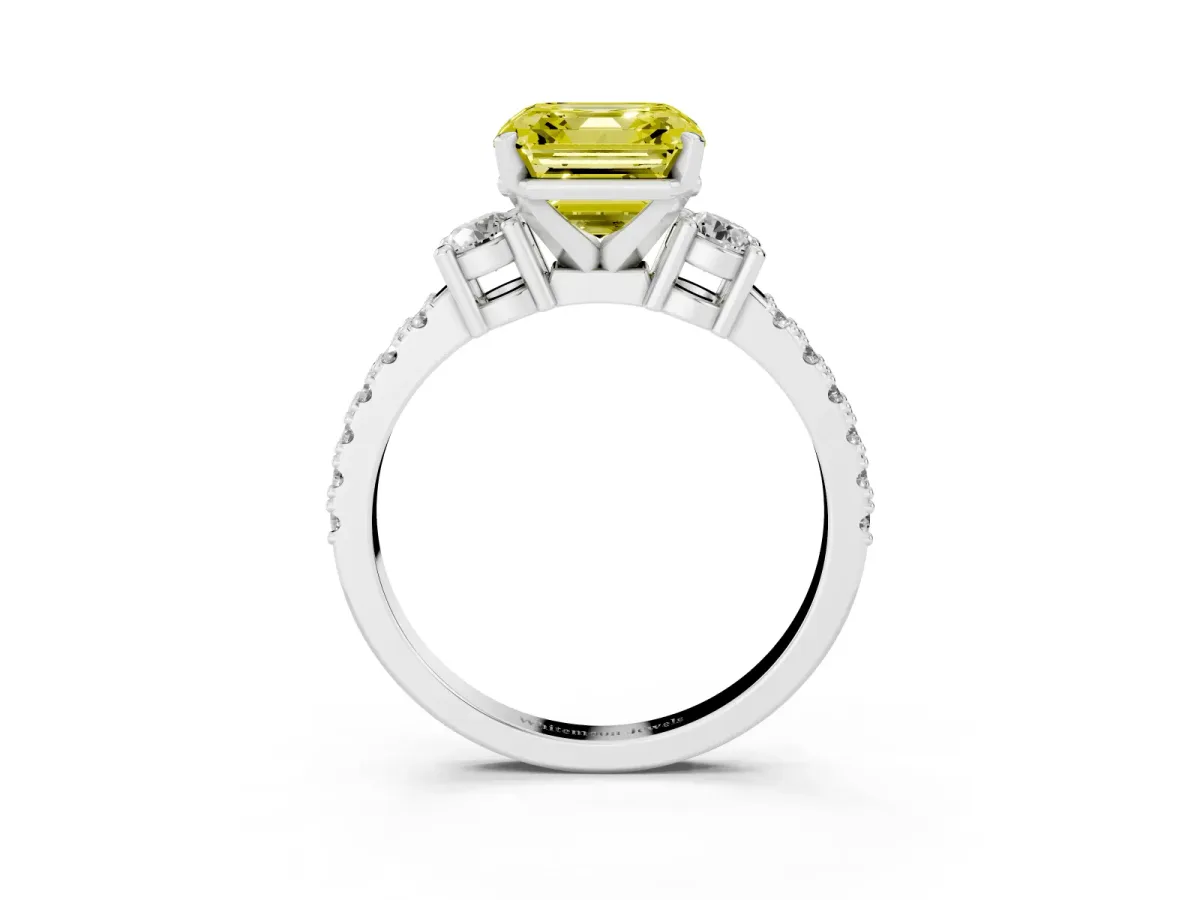 Fancy Yellow Asscher Cut Three-Stone Diamond Pavé Band with Prong Setting Silver