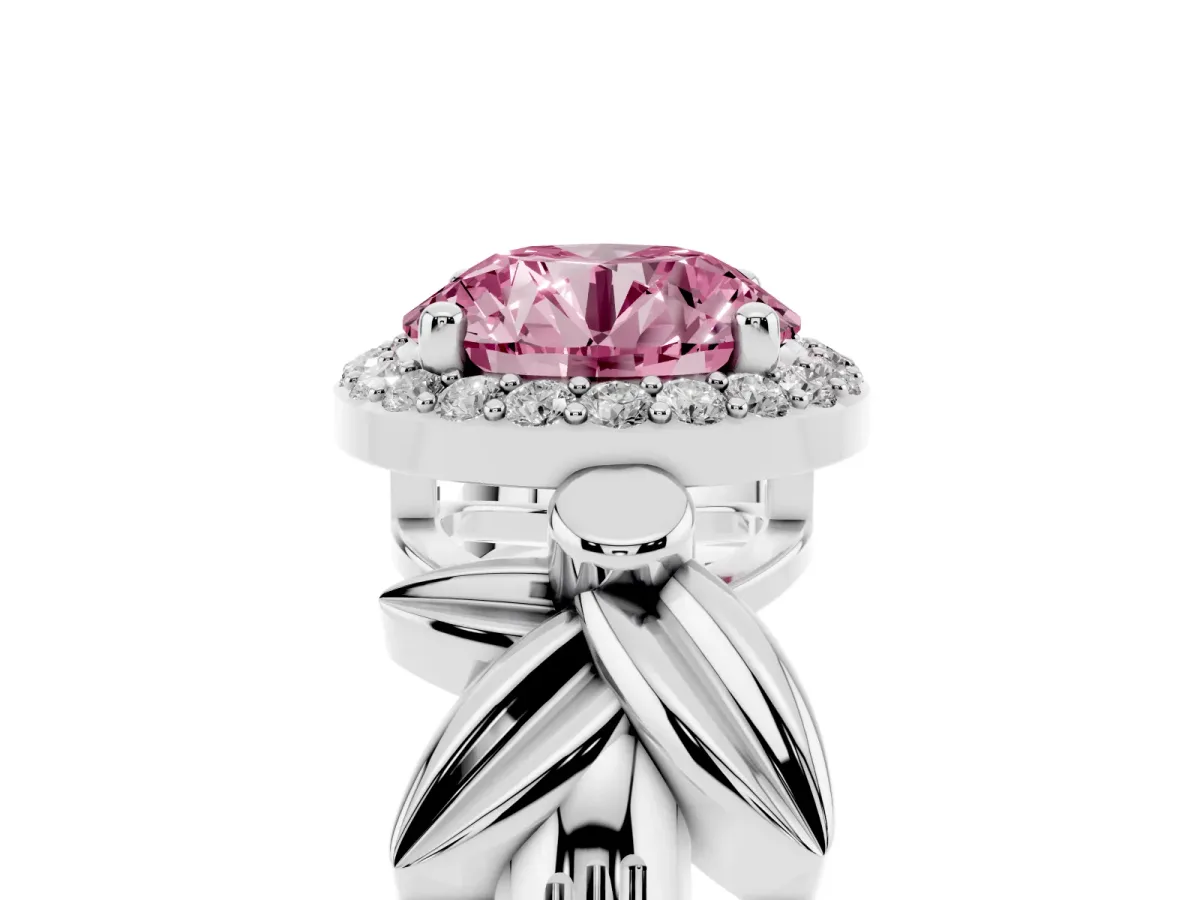 Fancy Pink Round Cut Halo Diamond Floral Band with Four-Prong Setting White gold