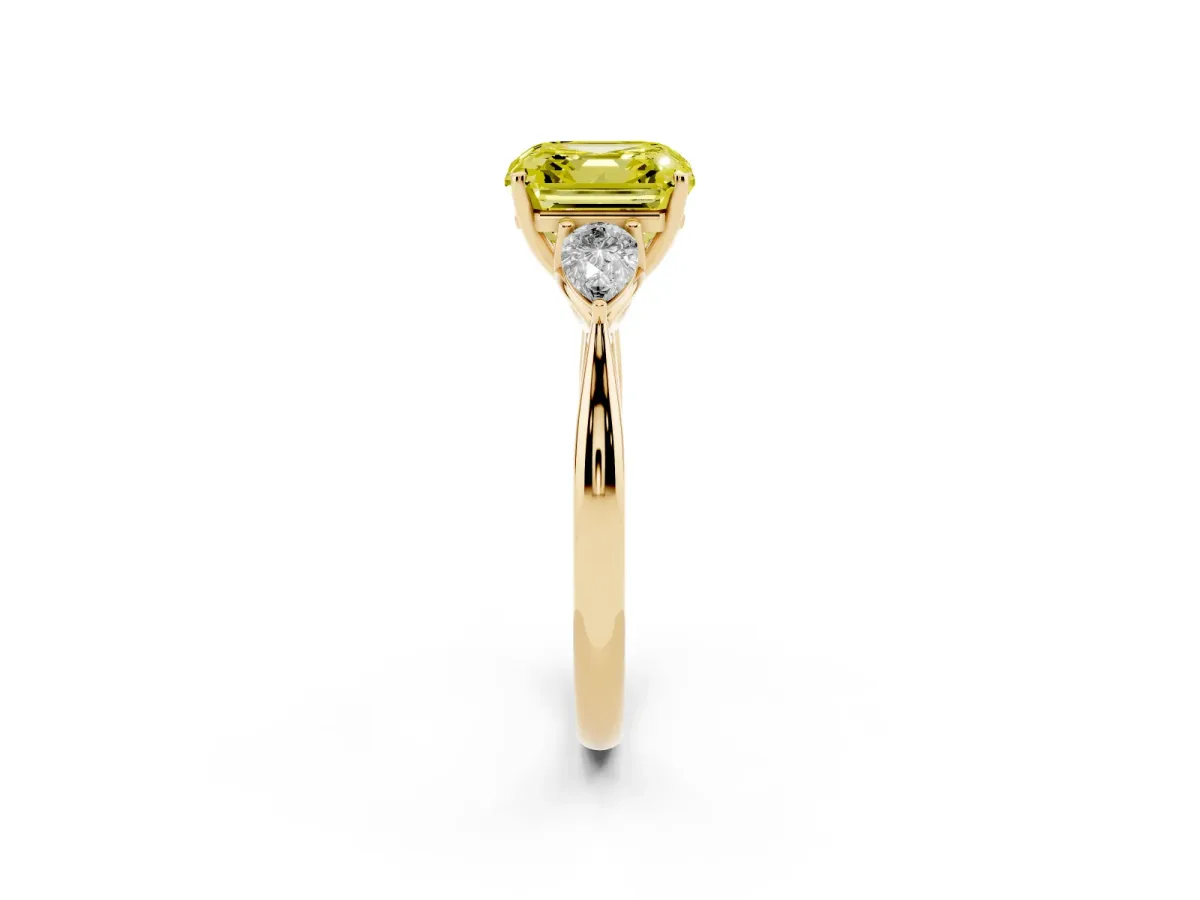 Fancy Yellow Asscher Cut Diamond Three-Stone Ring with Pear Side Stones and Prong Setting Yellow gold