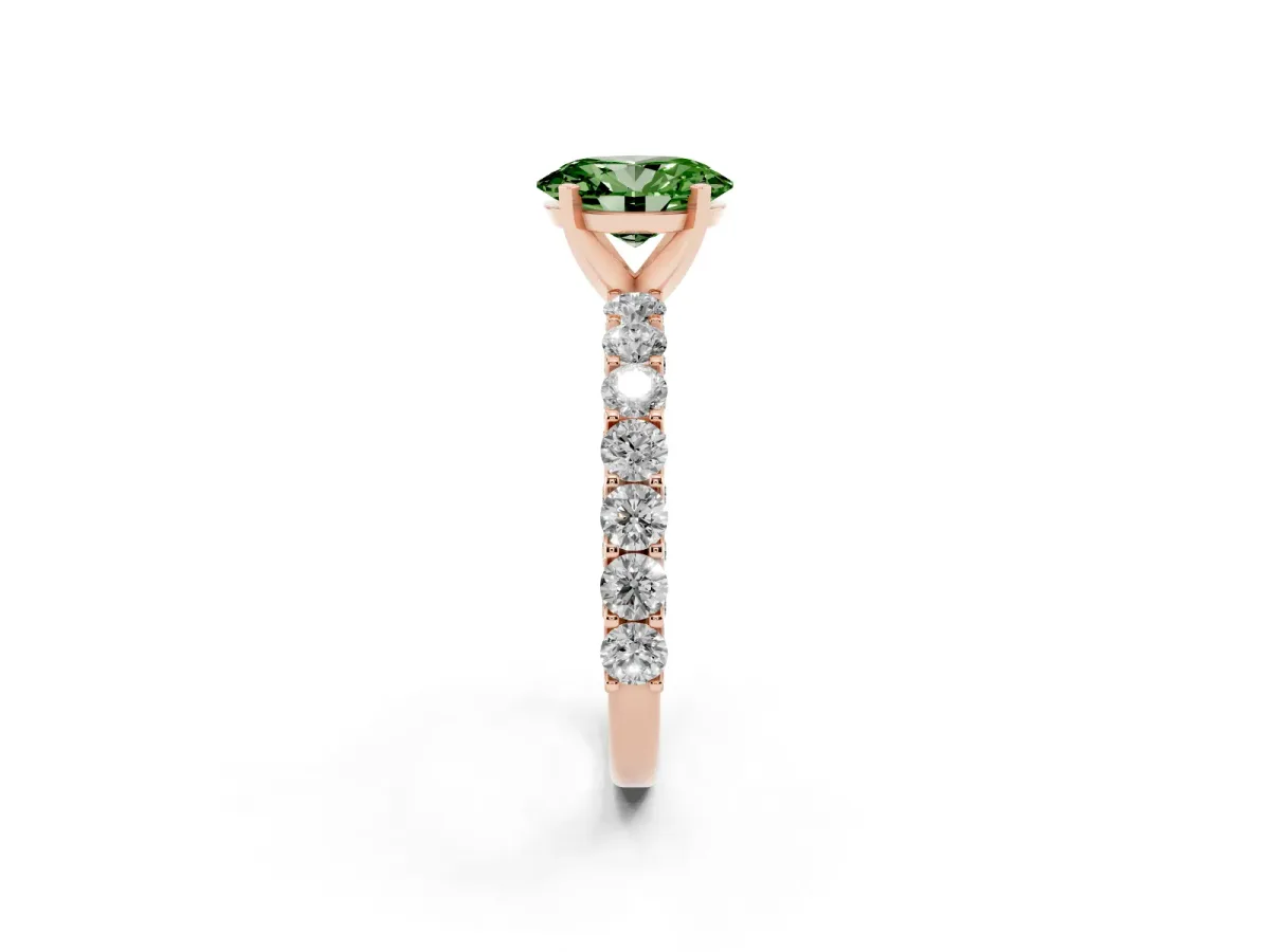 Fancy Green Oval Cut Diamond Solitaire Ring with Shared Prong Pavé Band and Four-Prong Setting Rose gold