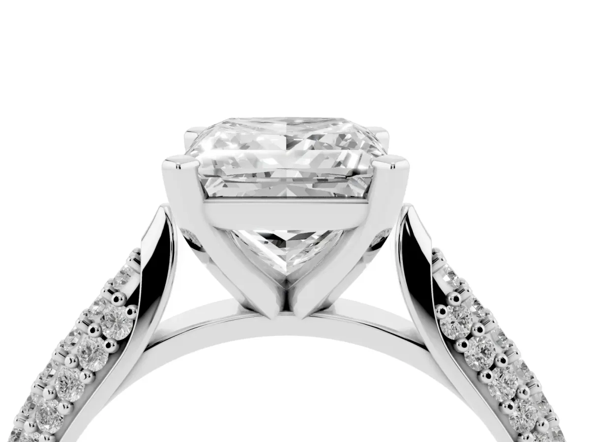 Princess Cut Diamond Solitaire Engagement Ring with Multi-Row Round Pavé Band and Prong Setting Silver