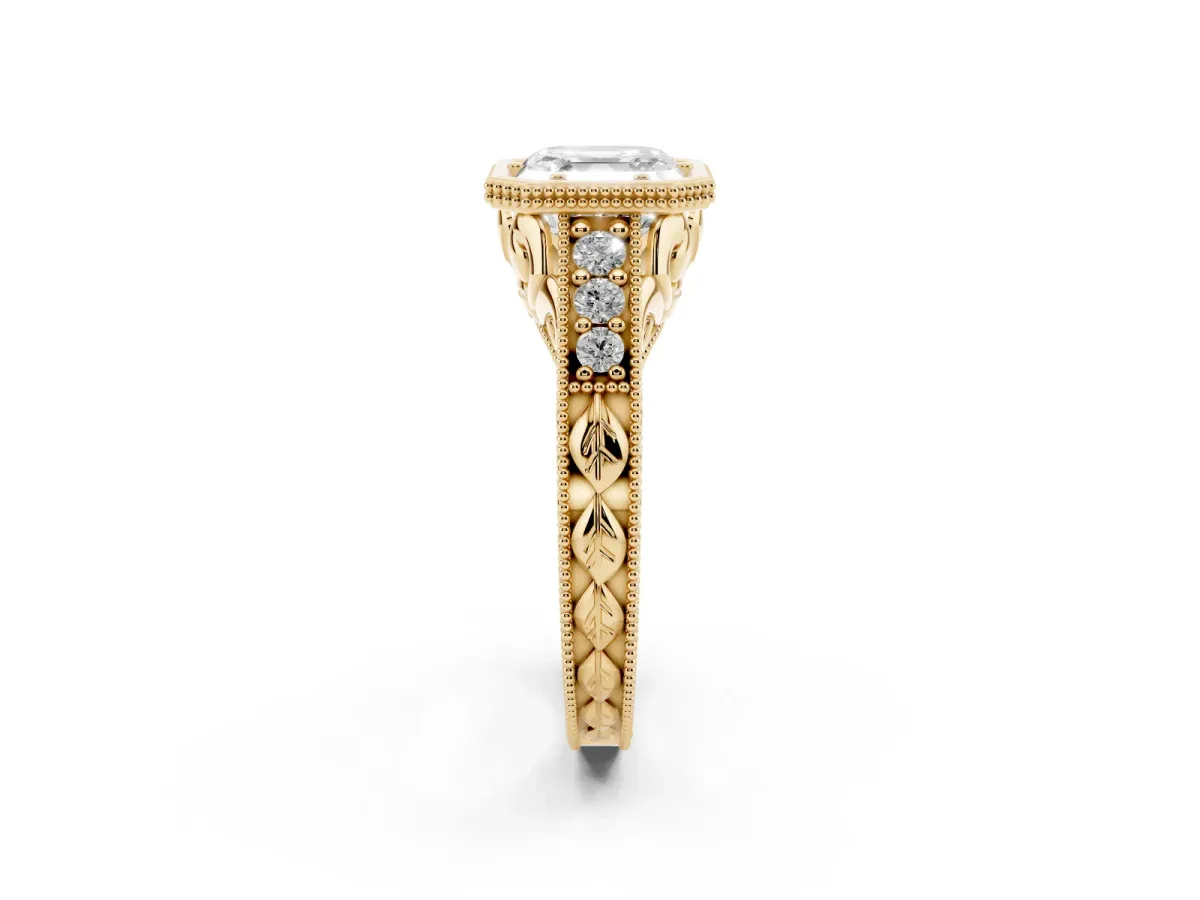 Bezel Set Asscher Cut Diamond Milgrain Pave Engagement Ring Yellow gold