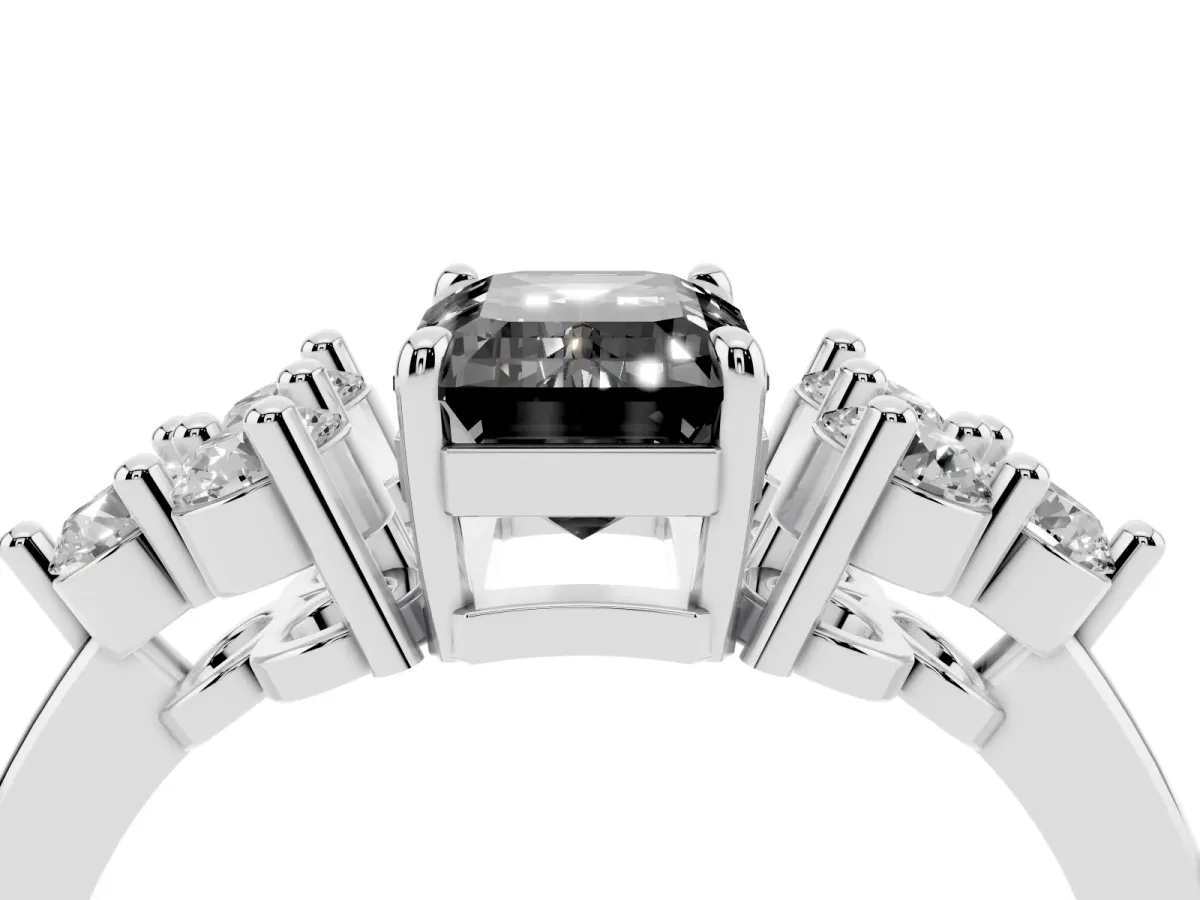 Fancy Black Emerald Cut Brilliant Diamond Cluster Accent Solitaire Ring with Prong Setting Platinum