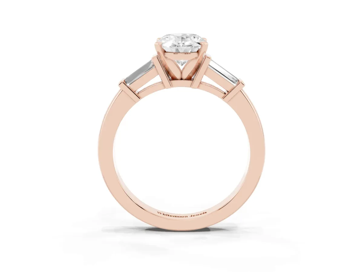Oval Cut Cut Diamond Solitaire Ring with Tapered Baguette Accents and Four-Prong Setting Rose gold