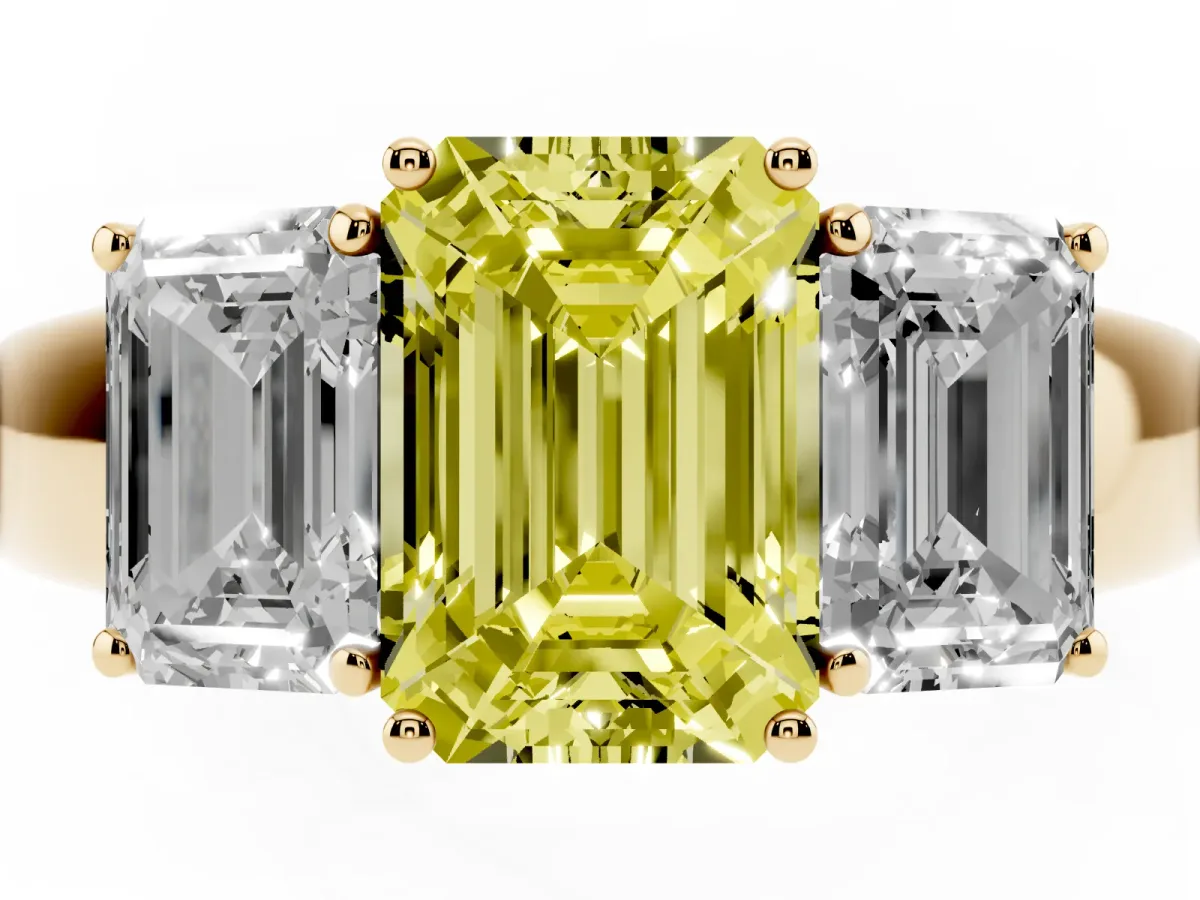 Fancy Yellow Three-Stone Emerald Cut Cut Diamond Ring with Prong Setting and Classic Band Yellow gold