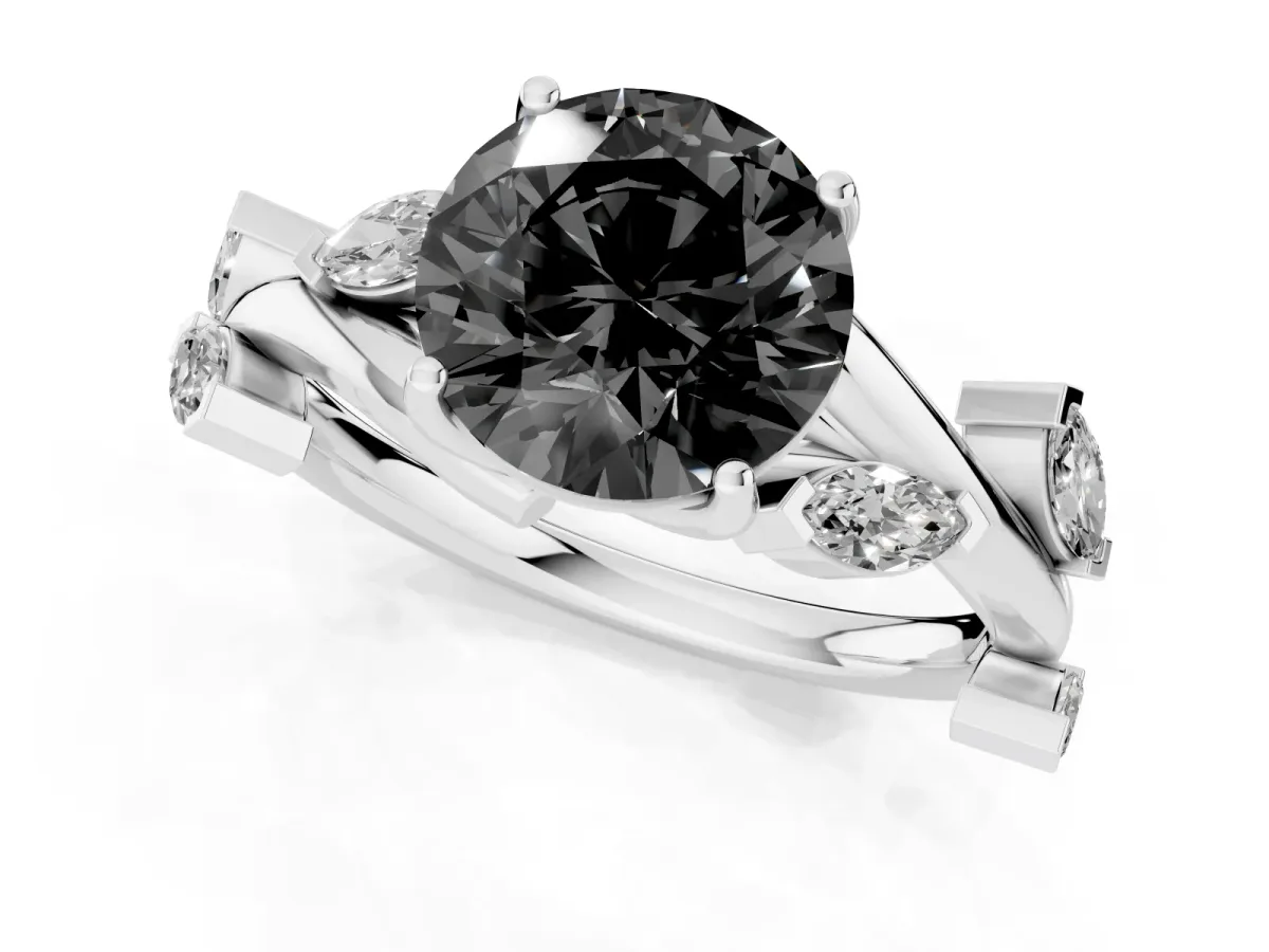 Fancy Black Round Cut Solitaire Twisted Band Marquise Accent Prong Setting Ring Silver