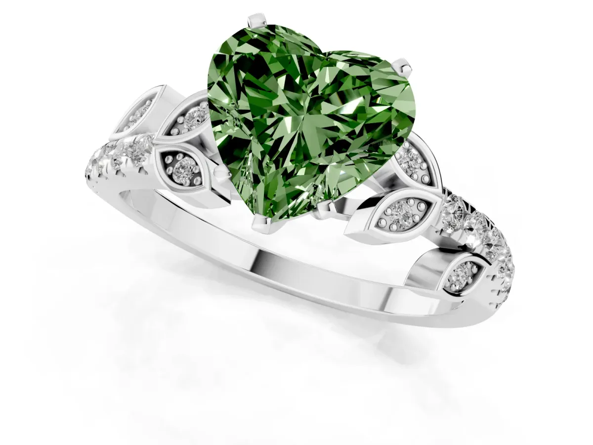 Fancy Green Heart Cut Solitaire Leaf-Inspired Diamond Ring with Pavé Band and Four-Prong Setting Silver