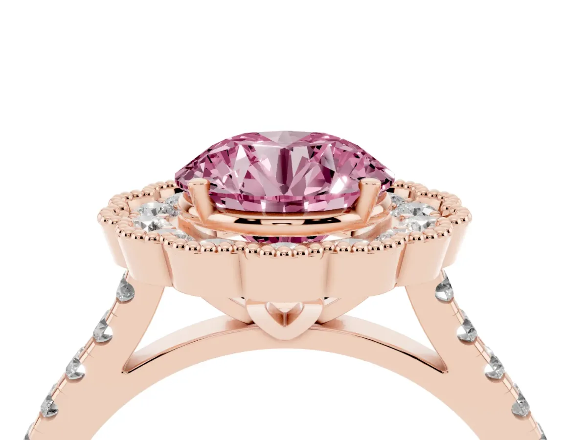 Fancy Pink Round Cut Cut Diamond Milgrain Floral Halo Engagement Ring with Pavé Band Rose gold
