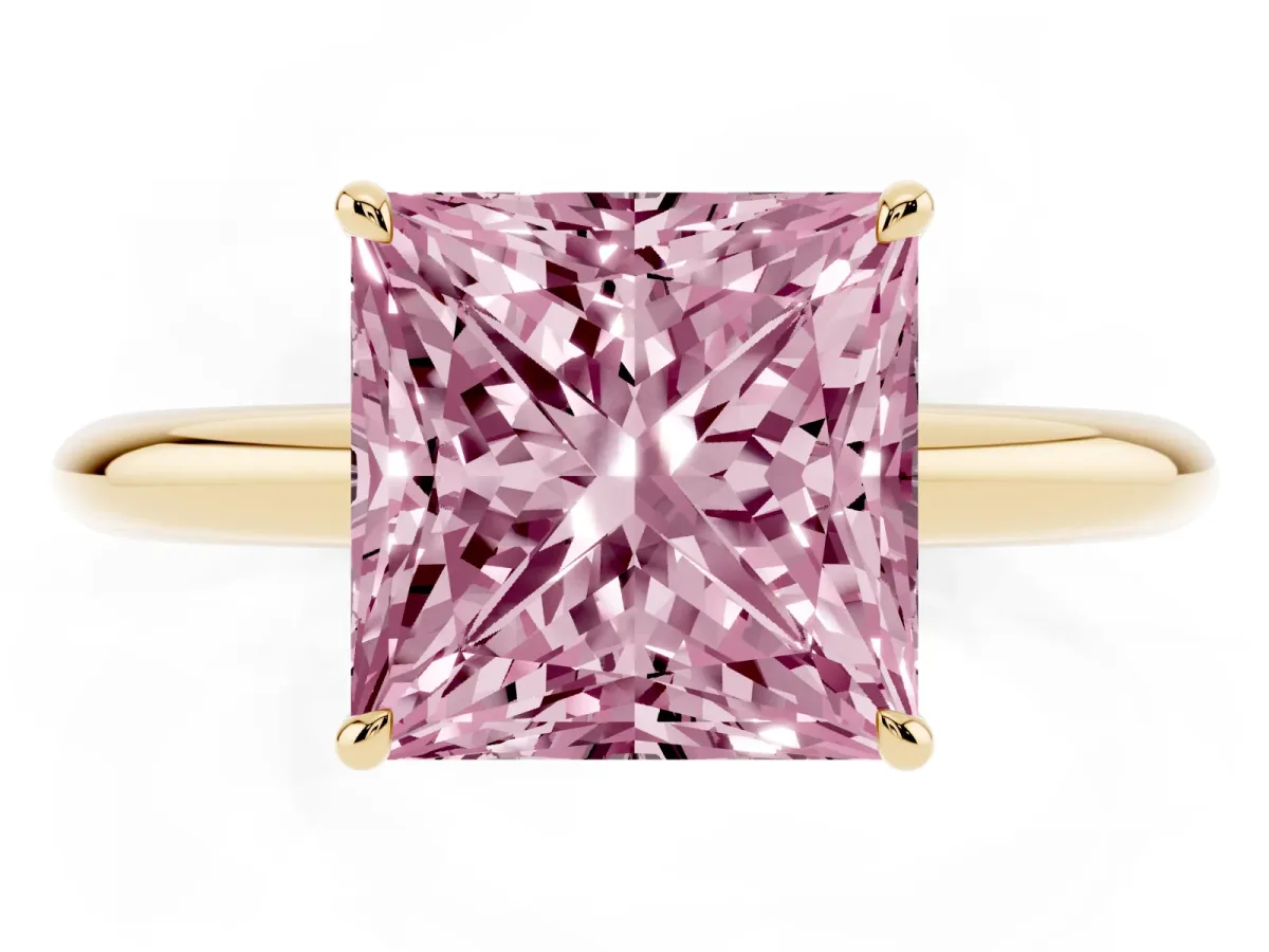 Fancy Pink Princess Cut Brilliant Solitaire Engagement Ring with Six-Prong Setting and Classic Band Yellow gold
