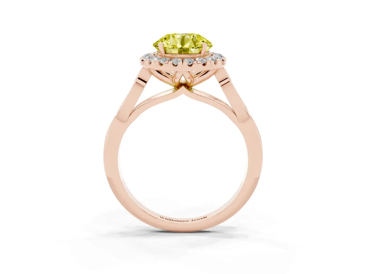 Fancy Yellow Round Cut Halo Diamond Engagement Ring with Filigree Band and Four-Prong Setting Rose gold