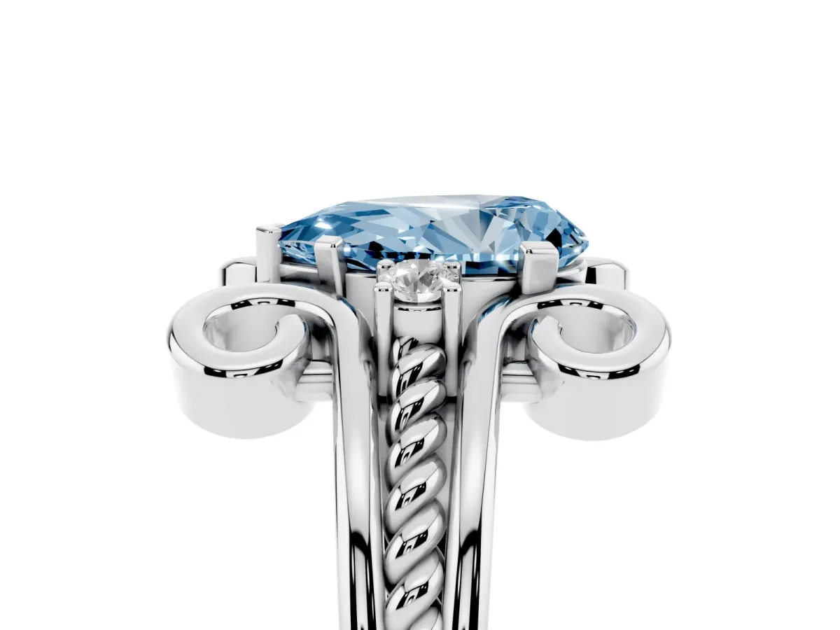 Fancy Blue Pear Cut Solitaire Twisted Band Scroll Prong Ring Platinum