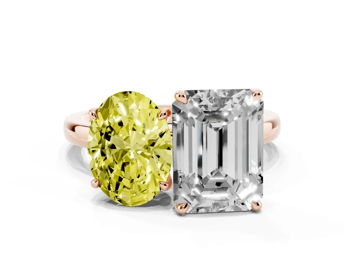 Fancy Yellow Oval Cut and Emerald Cut Toi Moi Ring with Prong Setting Rose gold
