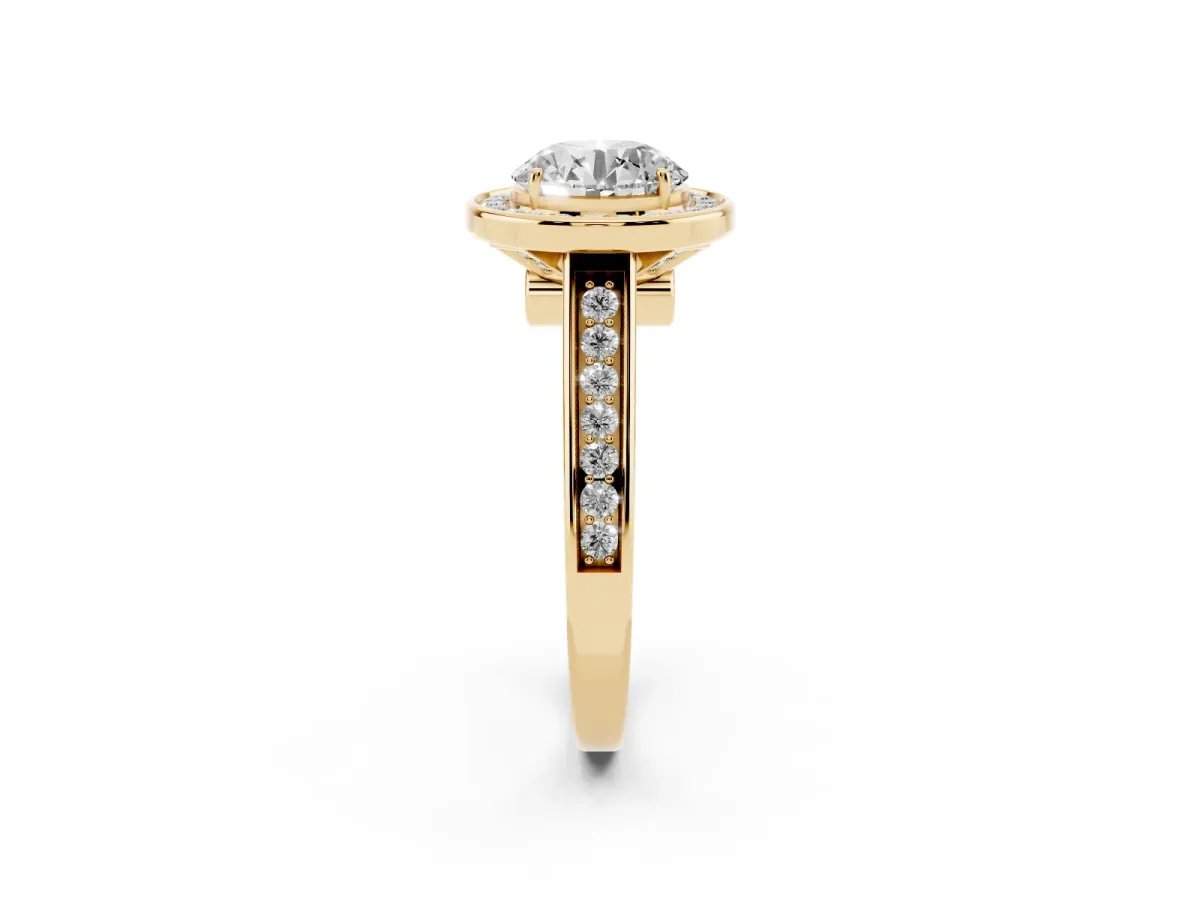Round Cut Halo Solitaire Diamond Ring with Pave Band and Bezel Setting Yellow gold