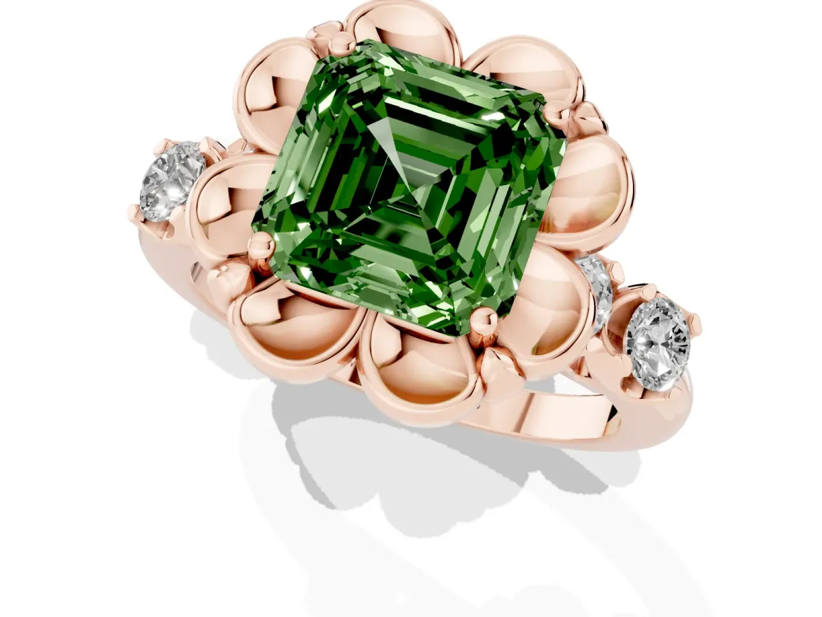 Fancy Green Asscher Cut Cut Diamond Floral Halo Engagement Ring with Shared Prong Setting Rose gold