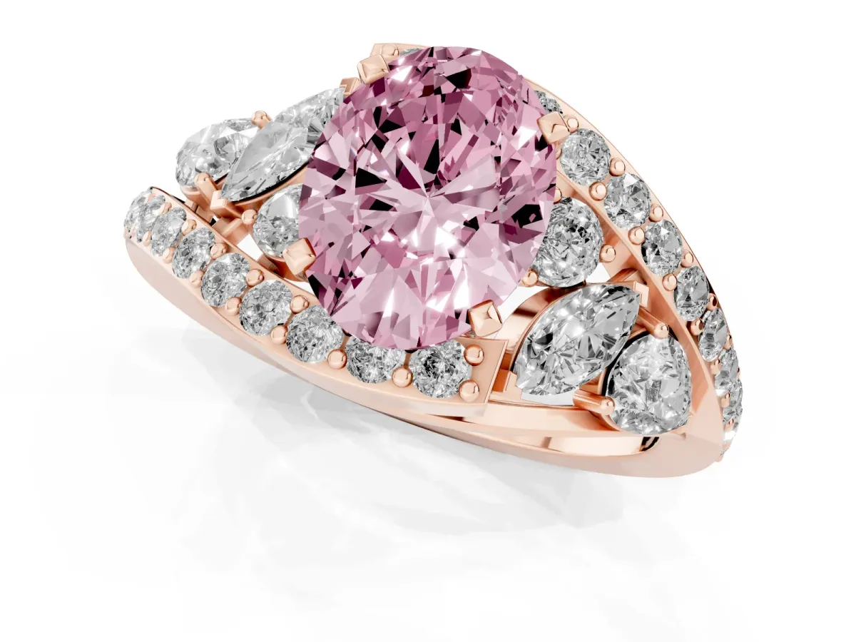 Fancy Pink Oval Cut Diamond Halo Ring with Marquise and Pavé Band in Prong Setting Rose gold
