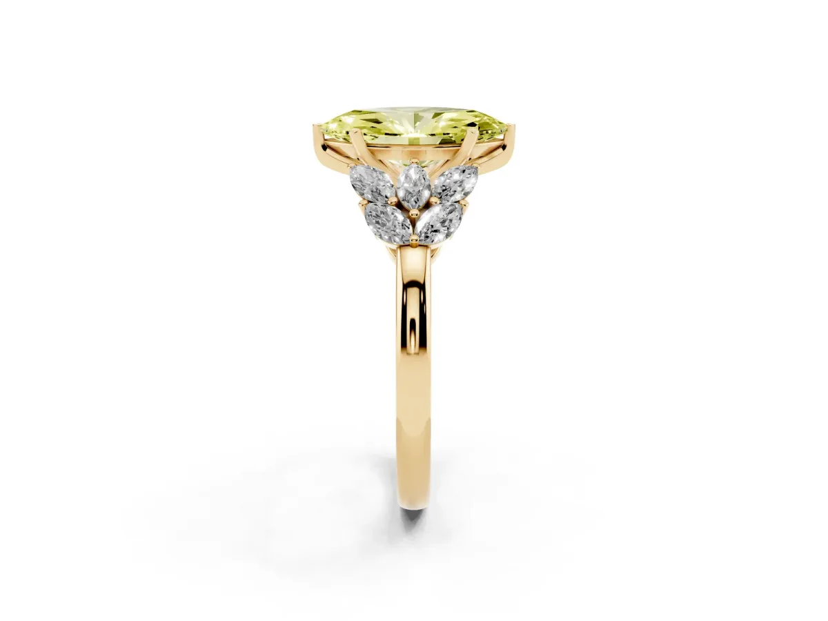 Fancy Yellow Marquise Cut Diamond Cluster Leaf Design Ring with Prong Setting Yellow gold