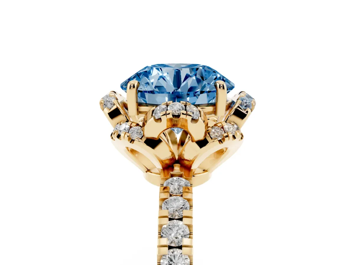 Fancy Blue Round Cut Diamond Halo Pave Band with Four-Prong Setting Yellow gold