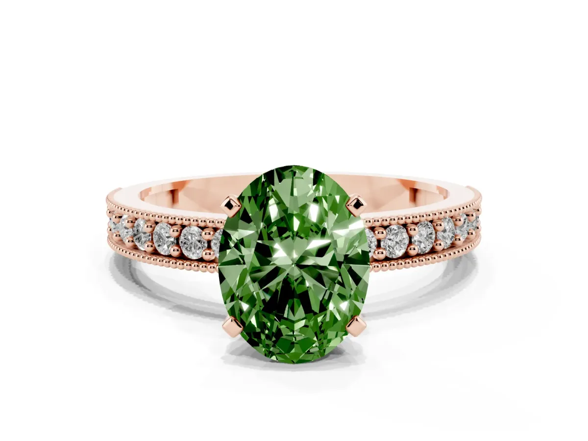 Fancy Green Oval Cut Diamond Milgrain Pavé Engagement Ring with Four-Prong Setting Rose gold