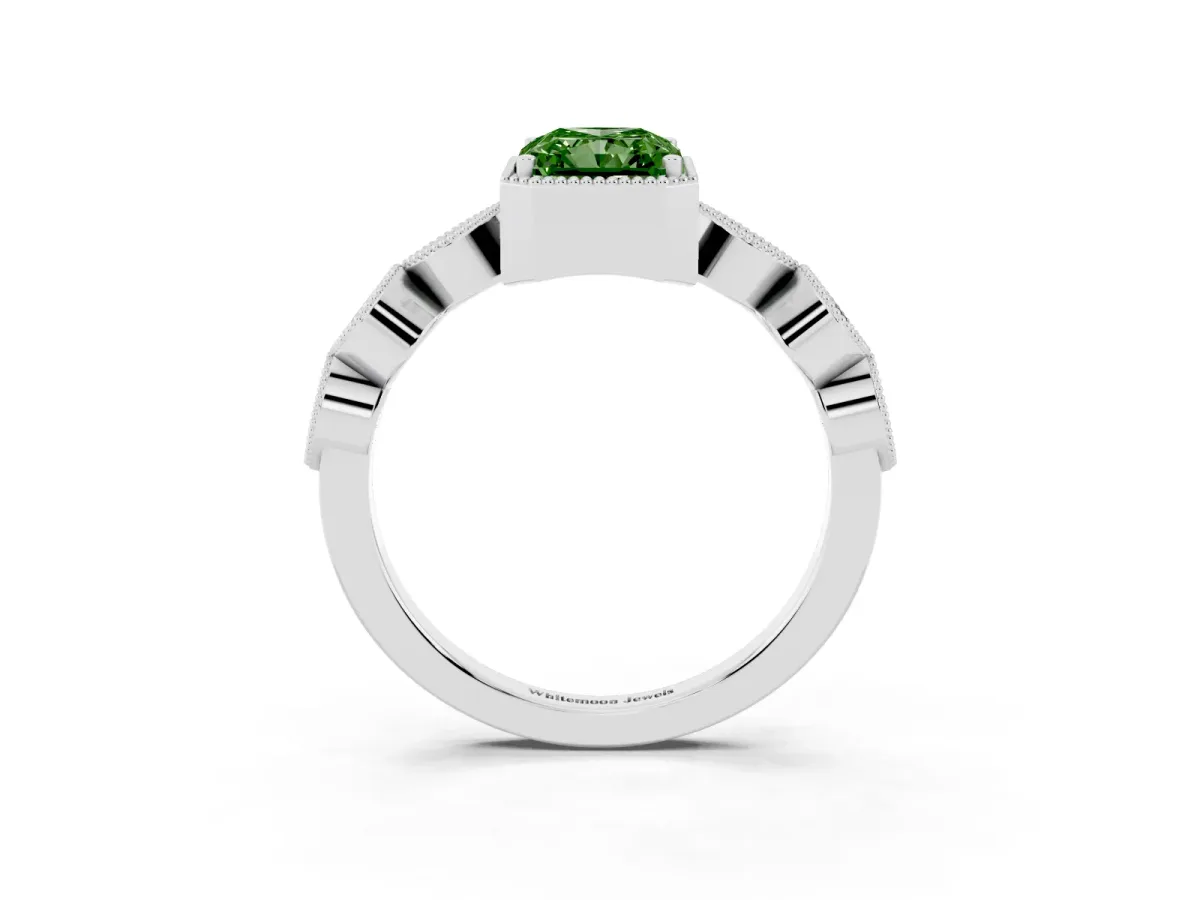 Fancy Green Radiant Cut Diamond Vintage Milgrain Ring with Round Stations Silver