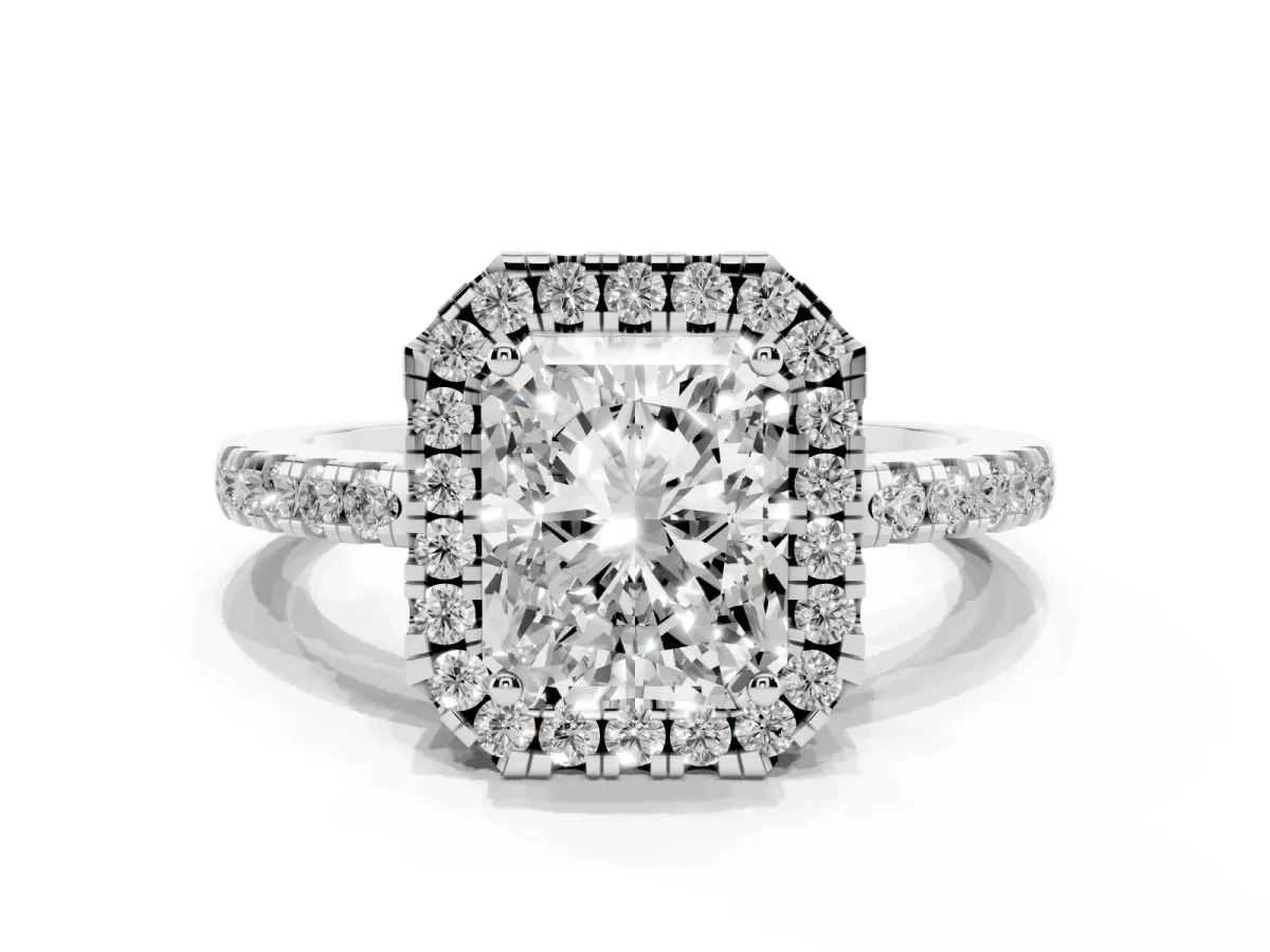 Radiant Cut Halo Diamond Engagement Ring with Pavé Band and Four-Prong Setting Silver