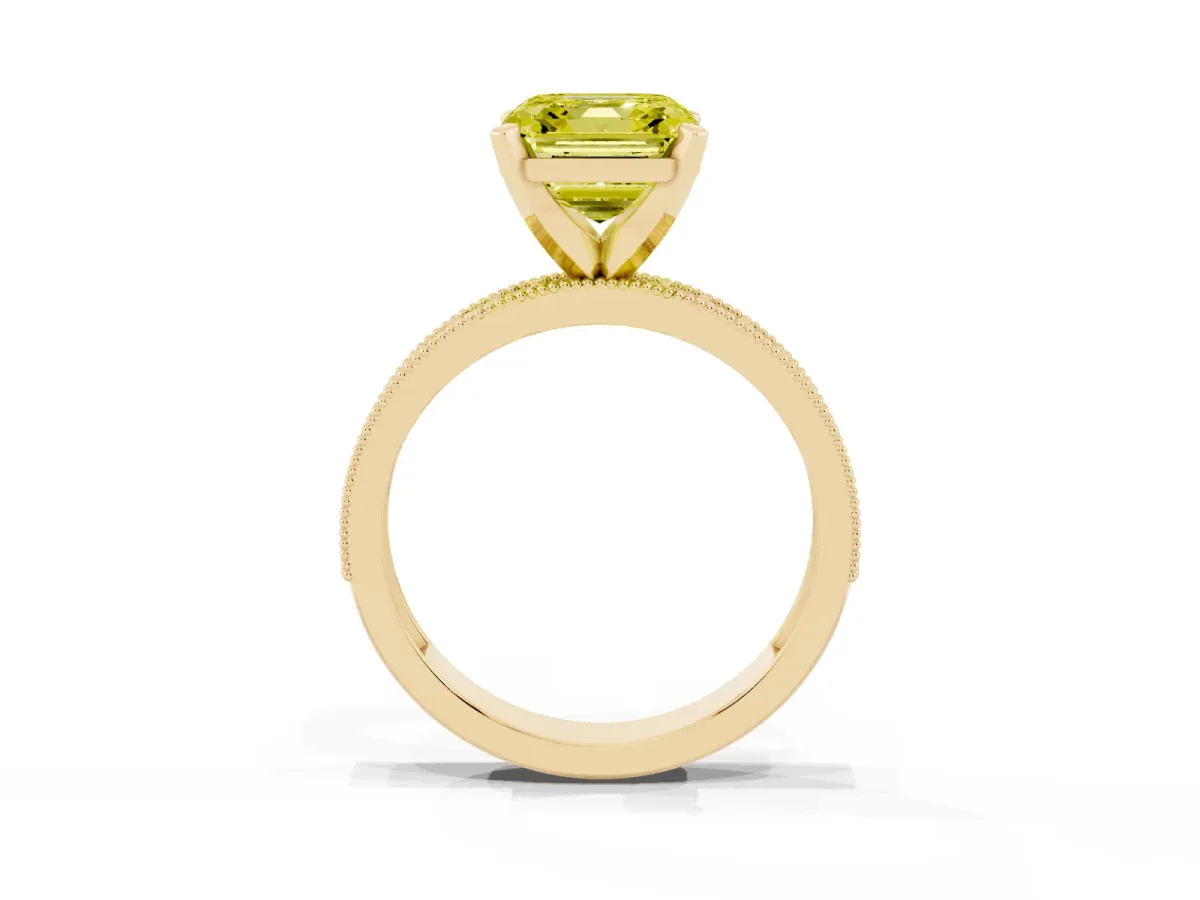 Fancy Yellow Asscher Cut Diamond Milgrain Pavé Engagement Ring with Four-Prong Setting Yellow gold