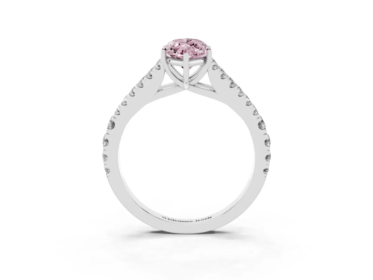 Fancy Pink Marquise Cut Diamond Split Shank Engagement Ring with Round Pavé and Prong Setting Silver